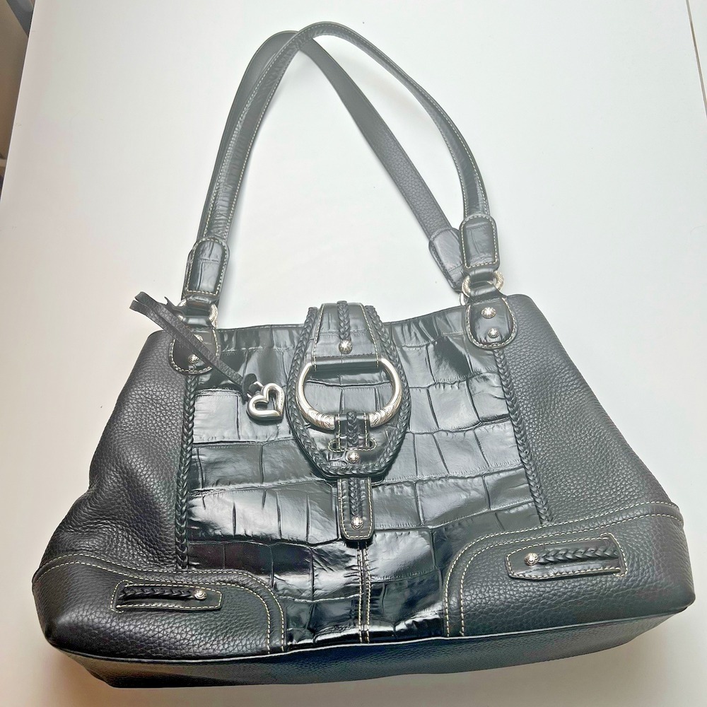 BRIGHTON BLACK GRAINED LEATHER & EMBOSSED CROC SATCHEL ICONIC HEART CHARM